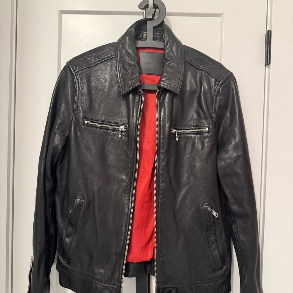 All Saints Black Leather Jacket with Red Lining